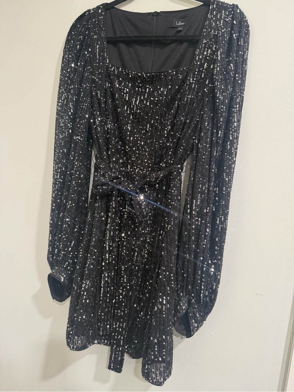 Lulu's Black Sequin Long-Sleeve Tie-Waist Mini Dress